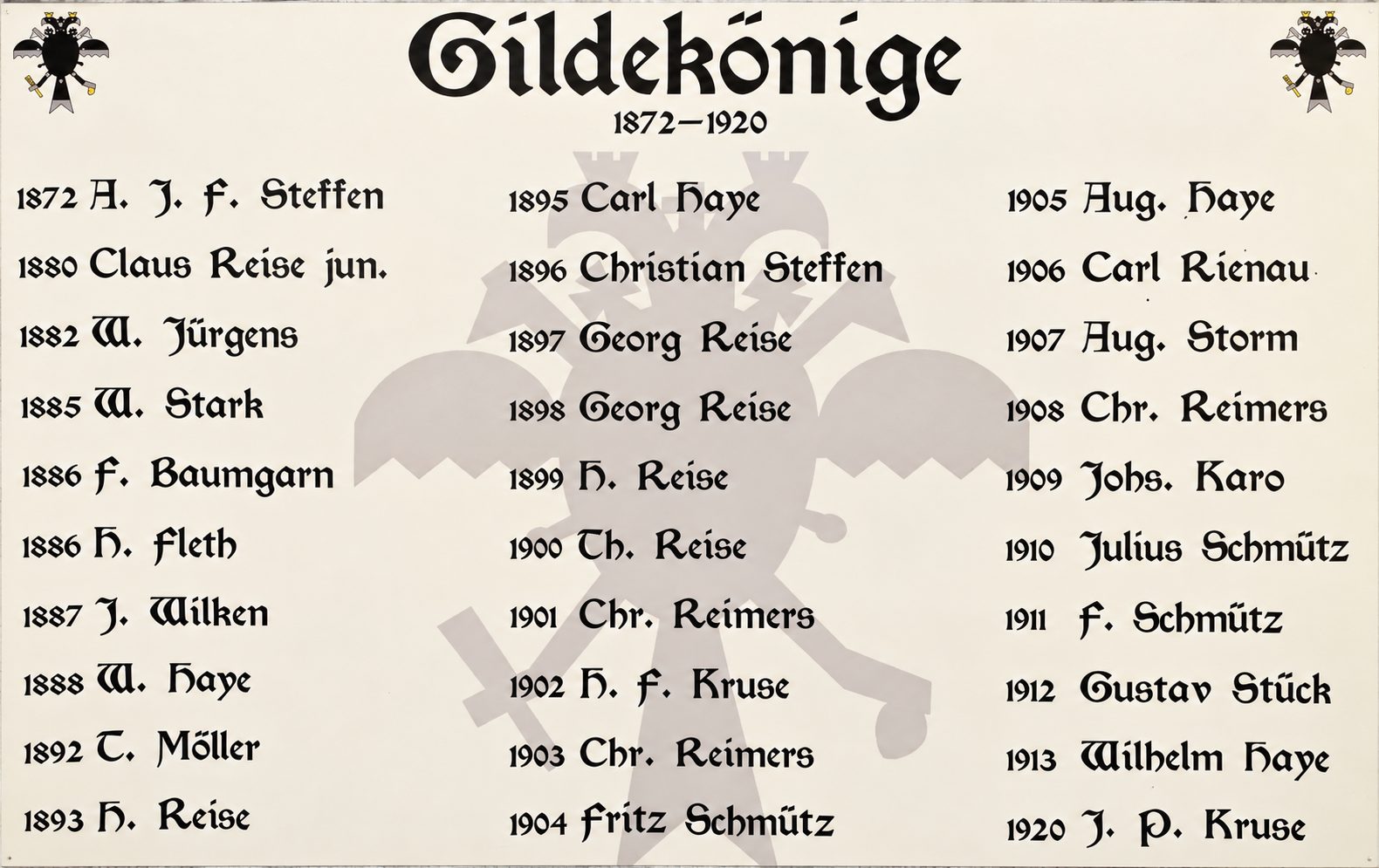 Historische Tafel der Gildekönige 1872–1920