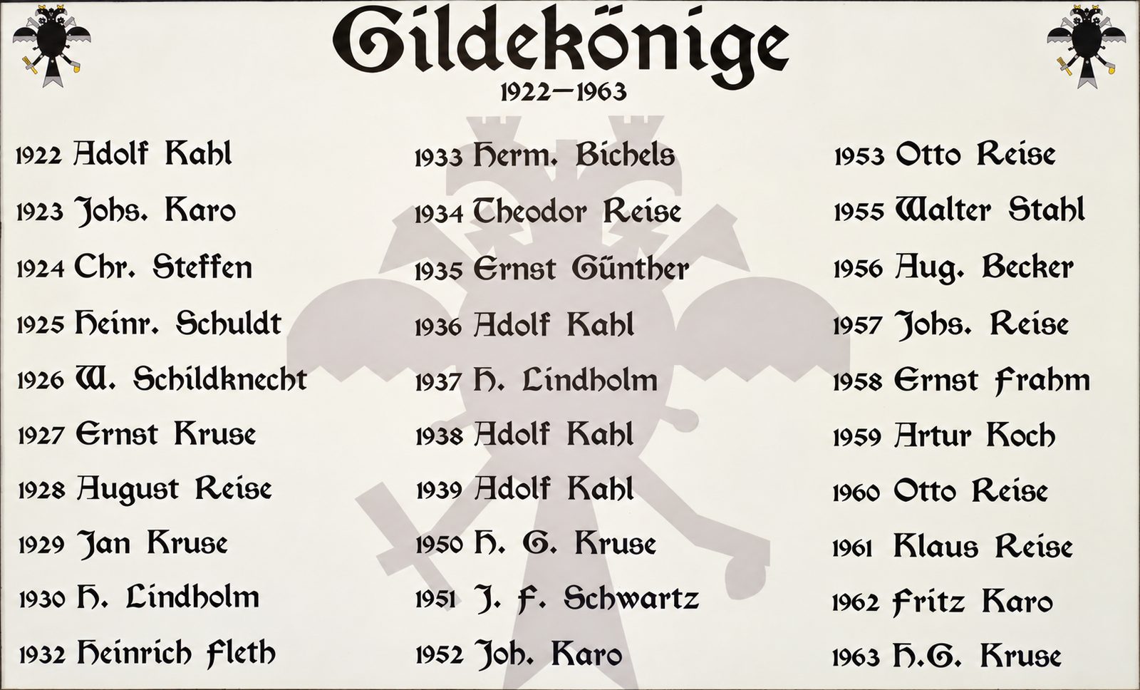 Historische Tafel der Gildekönige 1922–1963