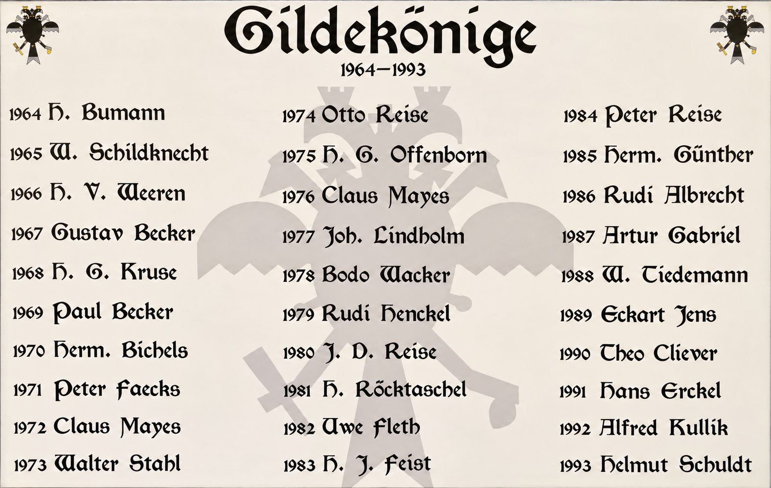 Historische Tafel der Gildekönige 1964–1993